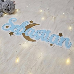 Decoratiune Perete Nume - Albastru - Semiluna si Stelute